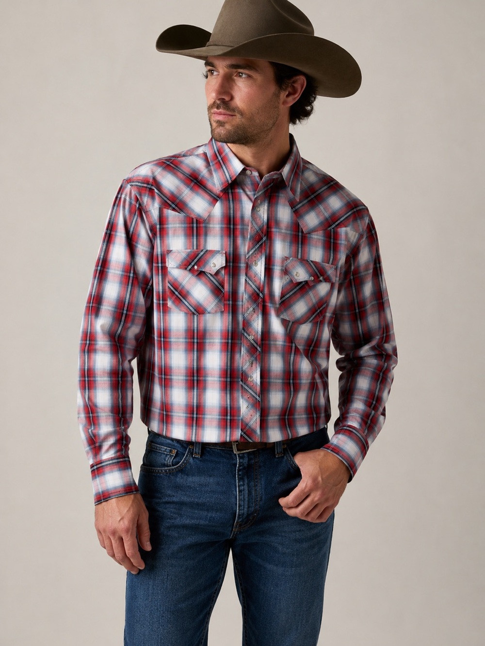 Wrangler Western Rodeo Red/Gray Plaid Button-Up Shirt Pearl Snaps Men’s Large